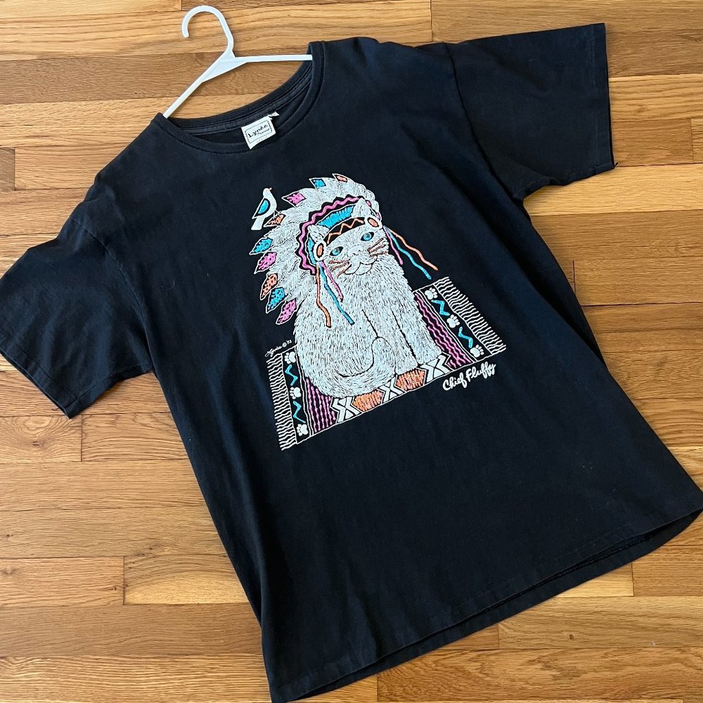 Vintage 90s Cat Chief Fluffy Glitter Print Lynee Apparel T-Shirt – Unisex Large